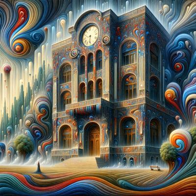 The primary subject of the image is a large, colorful building with a clock tower. The building is adorned with various decorations, including a large clock on its side. The setting is a field with a bench nearby, and the visual style is a combination of digital art and illustration. The colors and mood of the image are vibrant and lively, with a focus on the building's unique and artistic design.